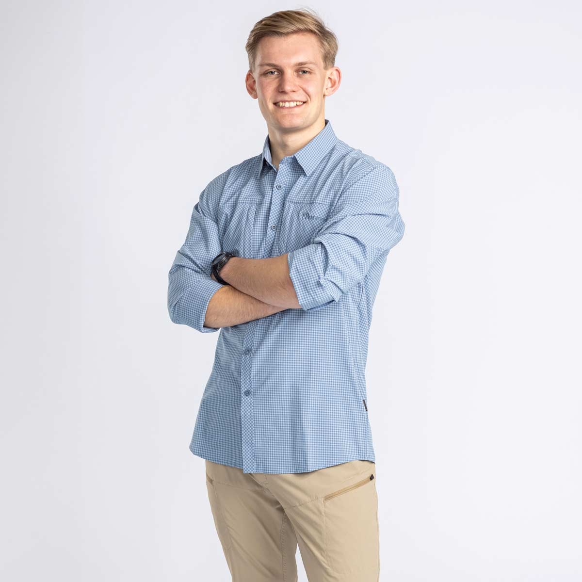 Pinewood InsectSafe Shirt - Fog Blue - On Model Pinewood InsectSafe Shirt - Fog Blue - On Model