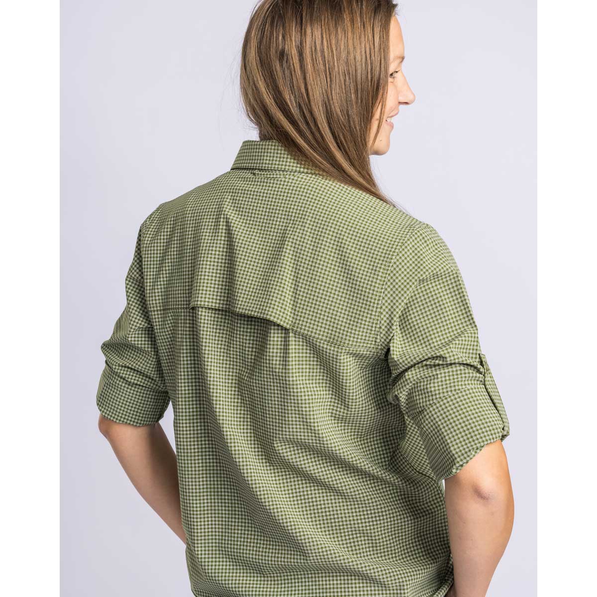 Pinewood InsectSafe Women's Shirt - Pine Green - On Model Rear Pinewood InsectSafe Women's Shirt - Pine Green - On Model Rear