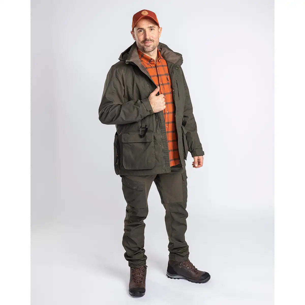 Pinewood Dog Sports Trainer Jacket- Moss Green on model Pinewood Dog Sports Trainer Jacket- Moss Green on model