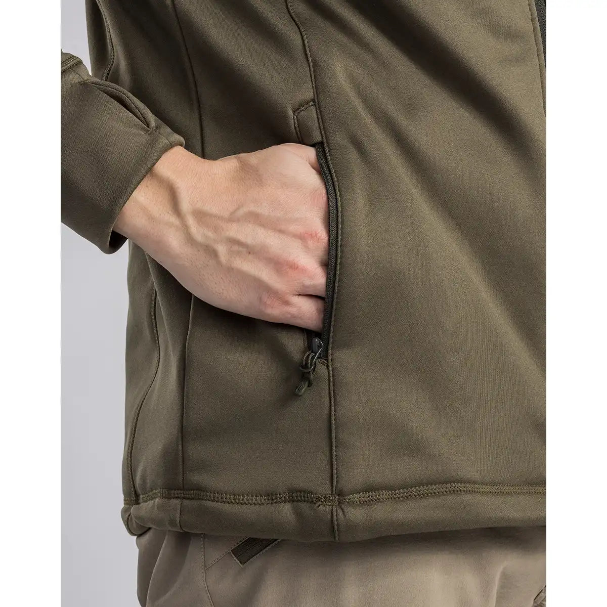 Pinewood Finnveden Hoodie - Olive - Worn By Model - Pocket Close Up Pinewood Finnveden Hoodie - Olive - Worn By Model - Pocket Close Up