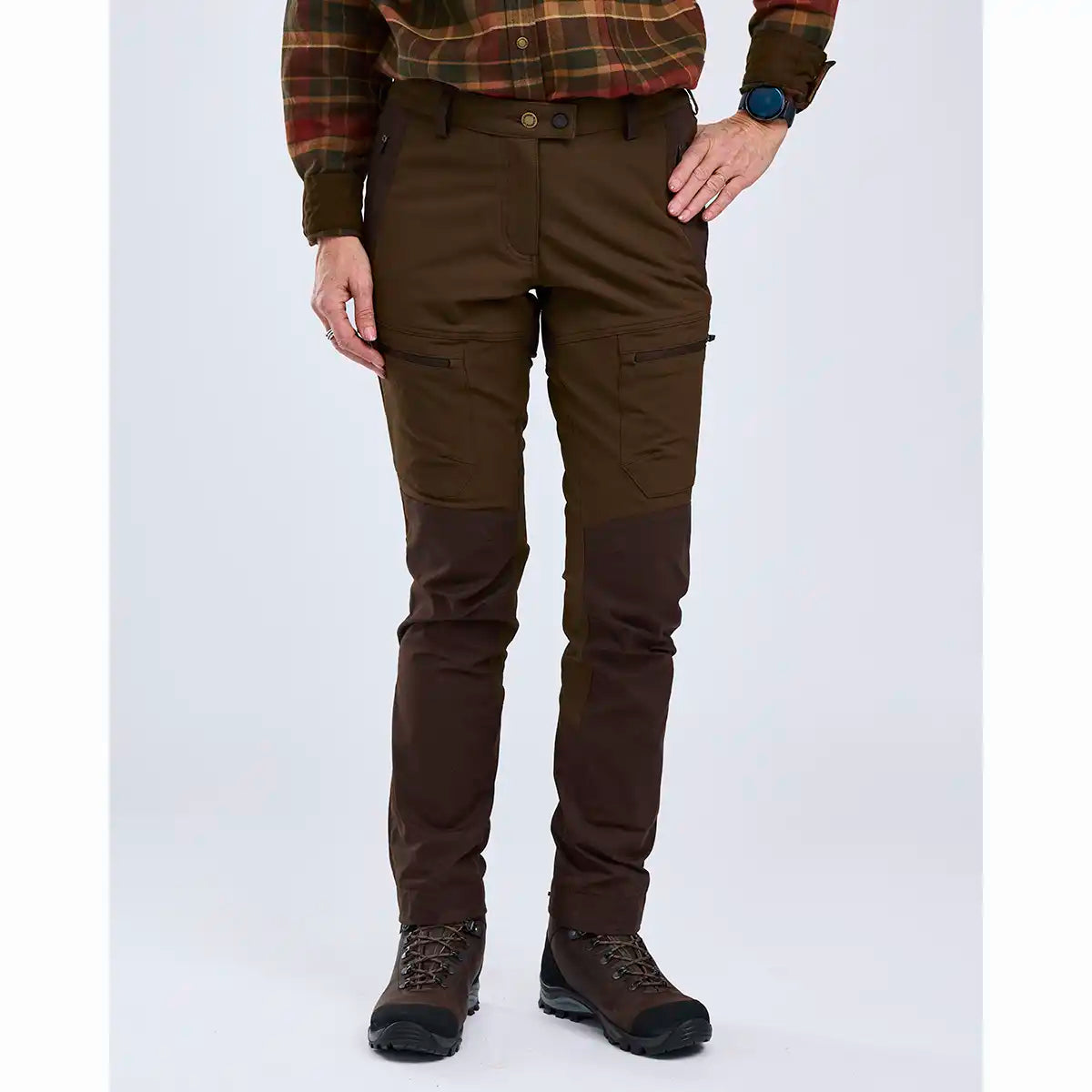 Pinewood Finnveden Hybrid Women's Trousers - Dark Brown - Worn By Model - Front Pinewood Finnveden Hybrid Women's Trousers - Dark Brown - Worn By Model - Front