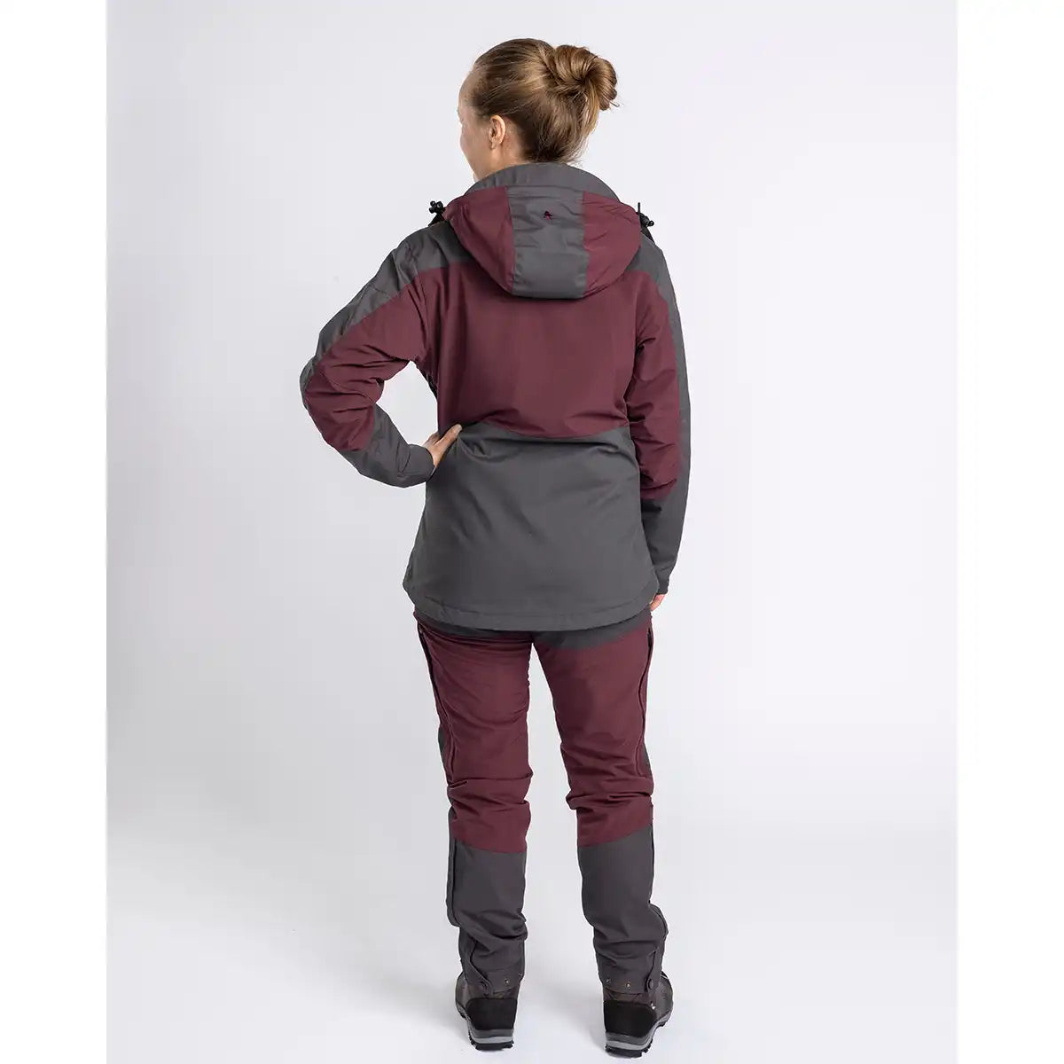Pinewood Women's Finnveden Hybrid Extreme Jacket - Earth Plum/Dark Anthracite - Back - Worn by Model Pinewood Women's Finnveden Hybrid Extreme Jacket - Earth Plum/Dark Anthracite - Back - Worn by Model