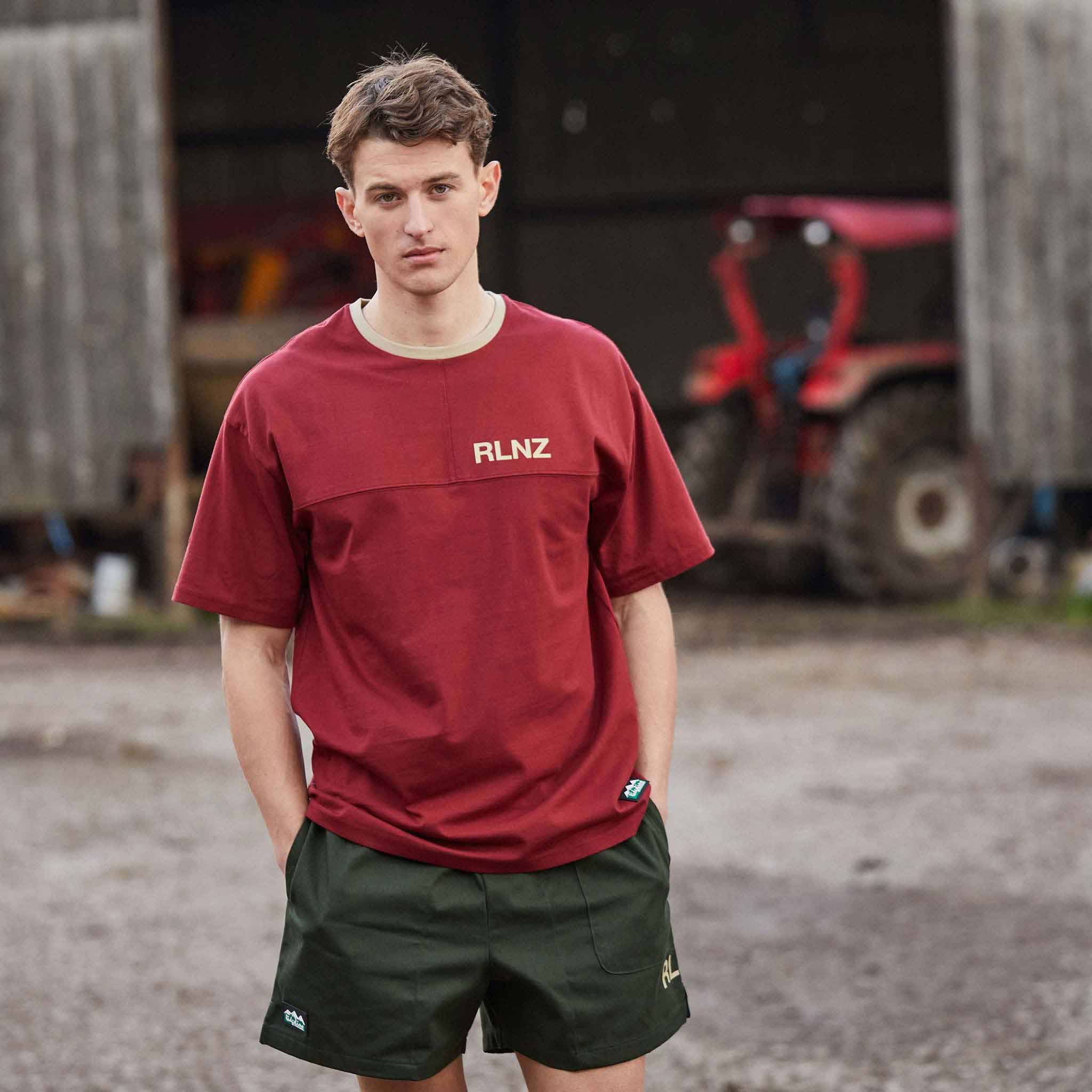 Ridgeline Hose Down T-Shirt - rhubarb on male model Ridgeline Hose Down T-Shirt - rhubarb on male model