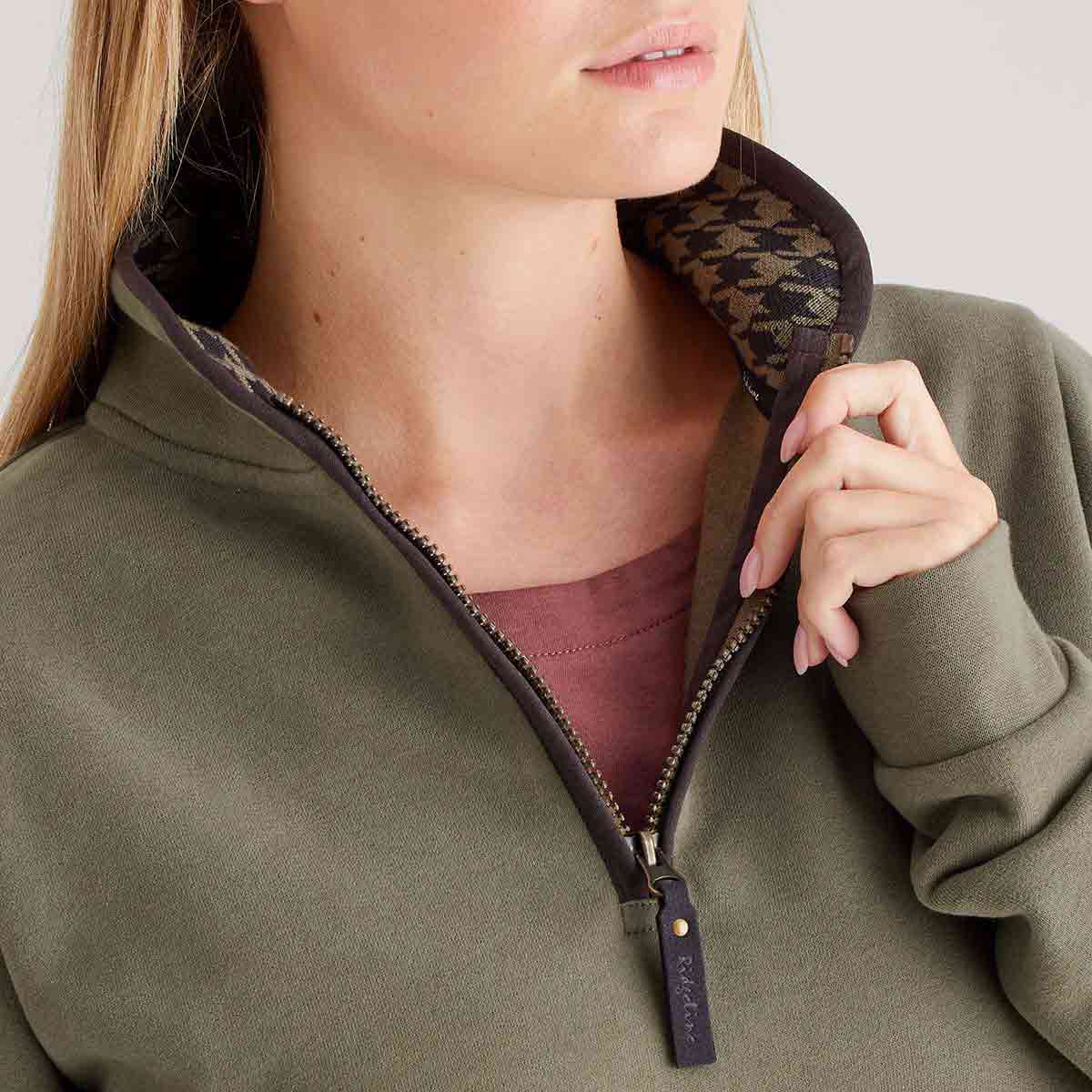 Ridgeline Women's Brancaster 1/4 Zip Top - Smokey Olive - Collar Ridgeline Women's Brancaster 1/4 Zip Top - Smokey Olive - Collar