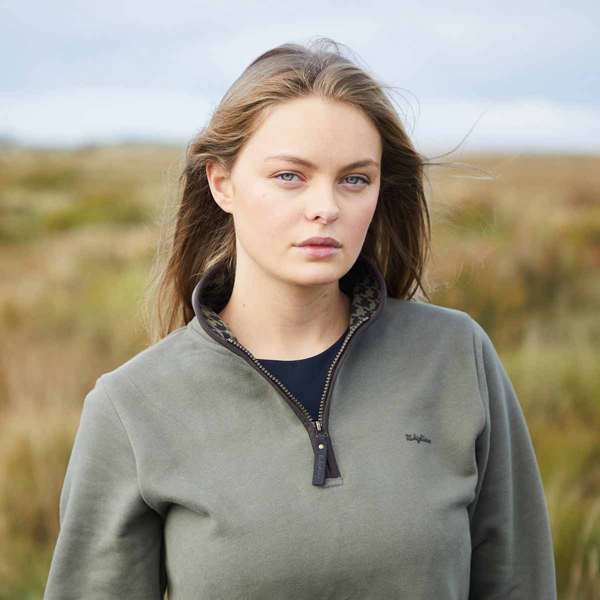 Ridgeline Women's Brancaster 1/4 Zip Top - Smokey Olive - Model Ridgeline Women's Brancaster 1/4 Zip Top - Smokey Olive - Model