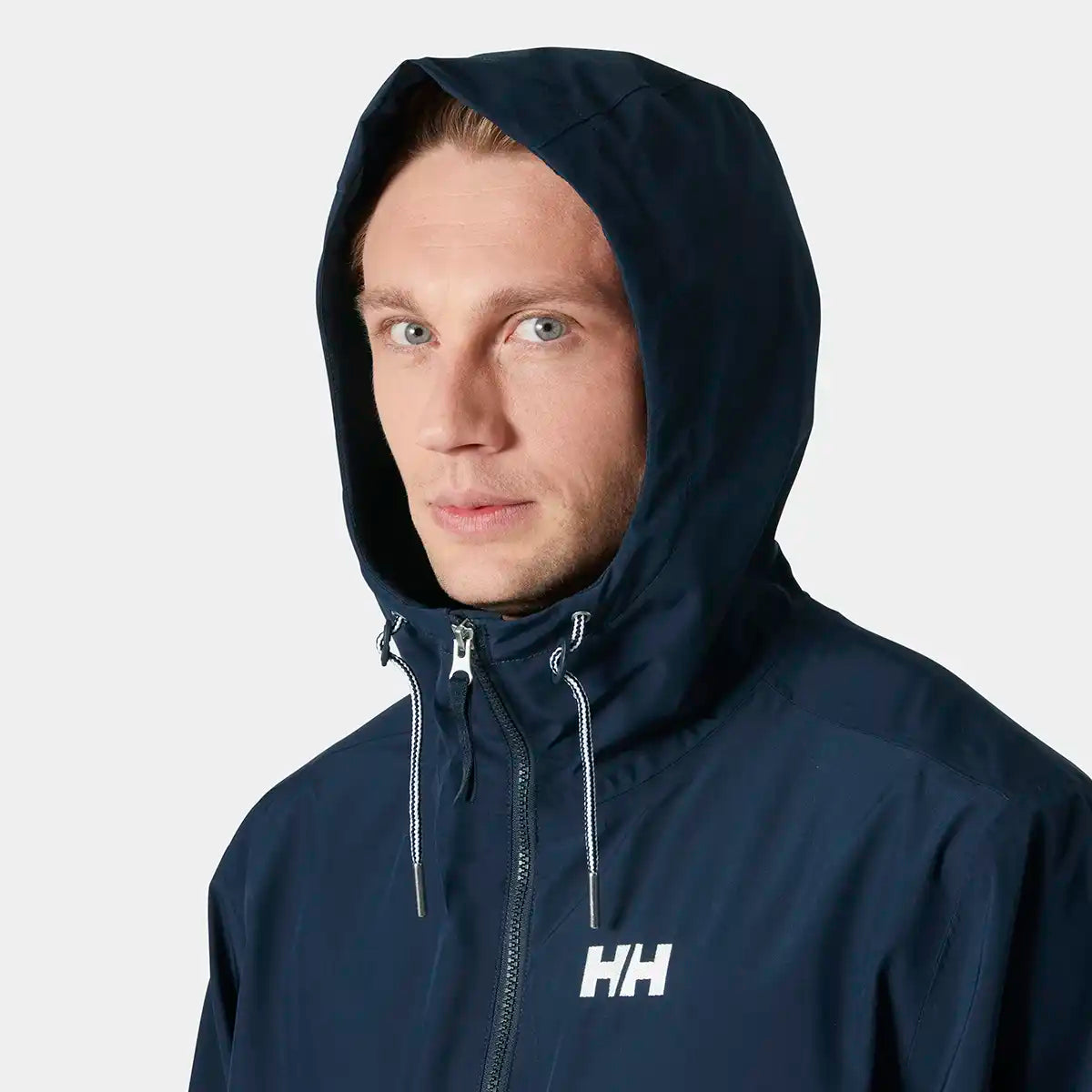Helly Hansen Sandoy Rain Jacket- Navy- hood up Helly Hansen Sandoy Rain Jacket- Navy- hood up