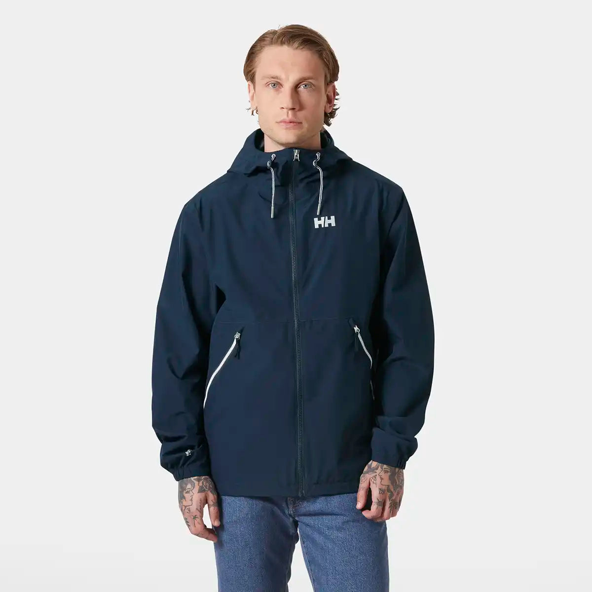 Helly Hansen Sandoy Rain Jacket- Navy- front view on model Helly Hansen Sandoy Rain Jacket- Navy- front view on model