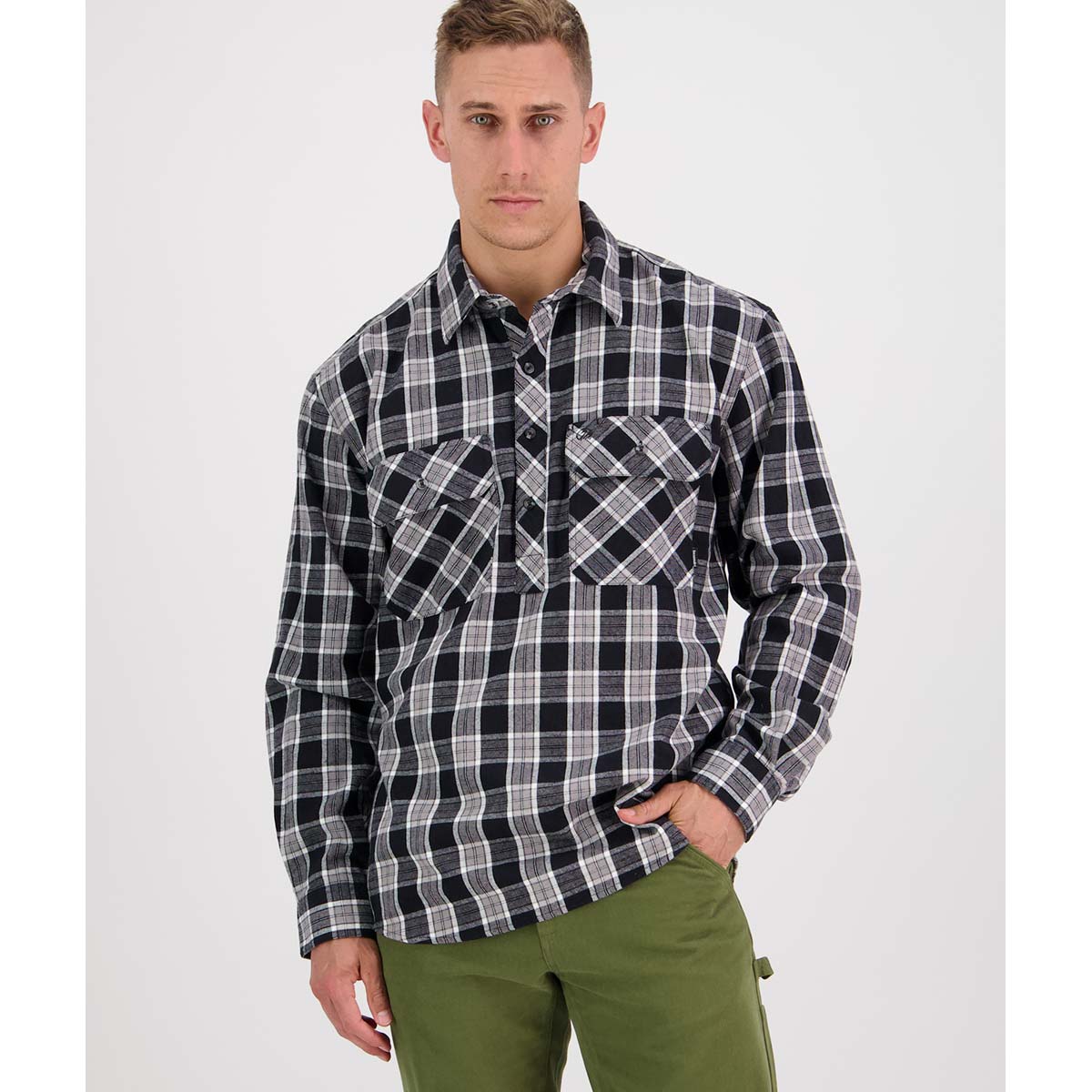 Swanndri Barn Shirt - Black Check - On Model Swanndri Barn Shirt - Black Check - On Model