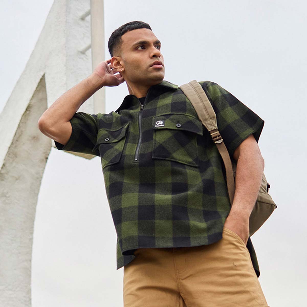 Swanndri Henderson Short Sleeved Half Zip Wool Shirt - On Model Swanndri Henderson Short Sleeved Half Zip Wool Shirt - On Model