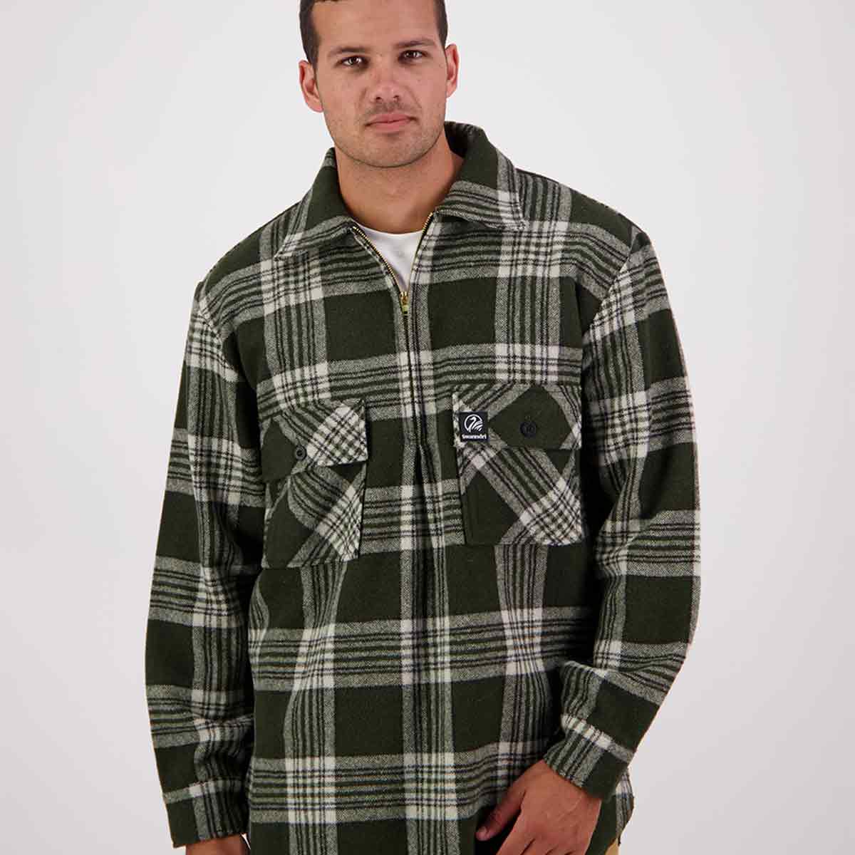 Swanndri Ranger Quarter Zip Mid Weight Bushshirt - Woodland Check - Model Swanndri Ranger Quarter Zip Mid Weight Bushshirt - Woodland Check - Model