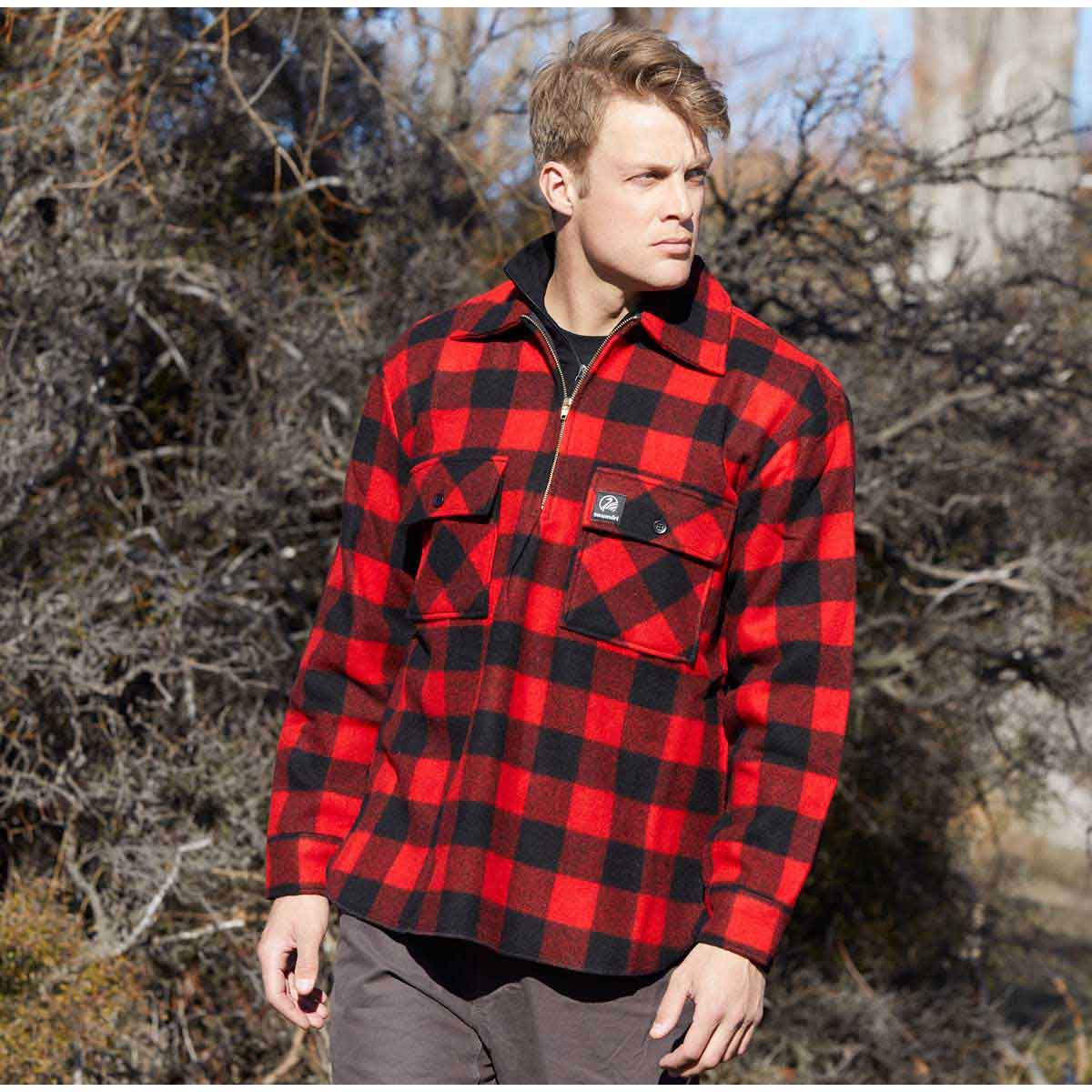 Swanndri Ranger Quarter Zip Mid Weight Bushshirt - red on model Swanndri Ranger Quarter Zip Mid Weight Bushshirt - red on model