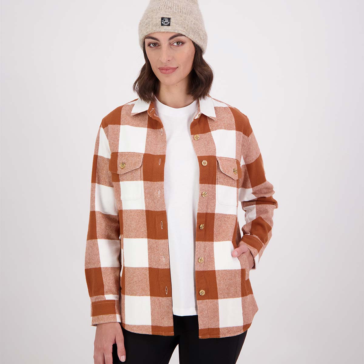 Swanndri Rapaki Women's LS Shacket - Rust/White - Model Swanndri Rapaki Women's LS Shacket - Rust/White - Model