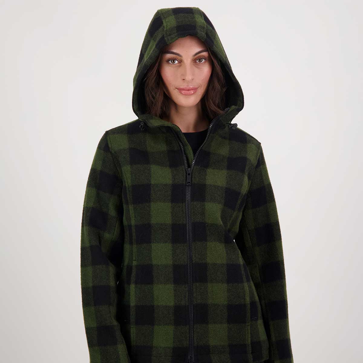 Swanndri Seattle Women's Hoodie - Olive/Black Check - Hood Swanndri Seattle Women's Hoodie - Olive/Black Check - Hood