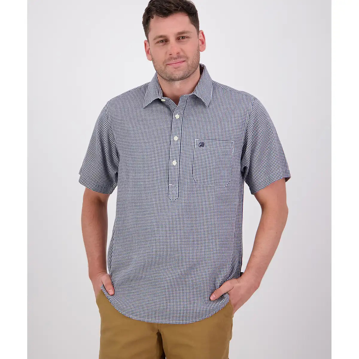 Swanndri Paihia Shirt - Navy/White Check - On Model Swanndri Paihia Shirt - Navy/White Check - On Model