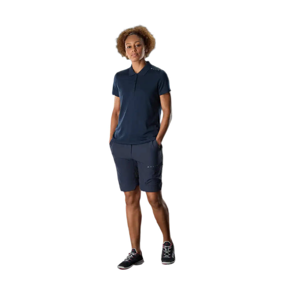 Musto Women's Evo Crew Sunblock Short Sleeve Polo- Navy- on model Musto Women's Evo Crew Sunblock Short Sleeve Polo- Navy- on model