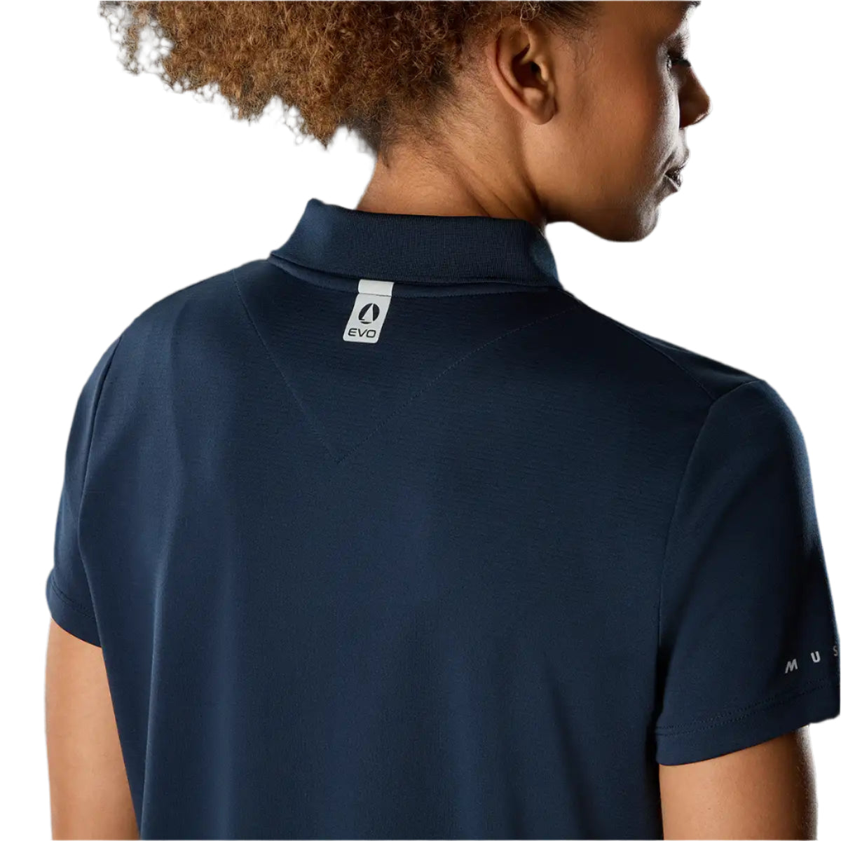 Musto Women's Evo Crew Sunblock Short Sleeve Polo- Navy- back on model Musto Women's Evo Crew Sunblock Short Sleeve Polo- Navy- back on model