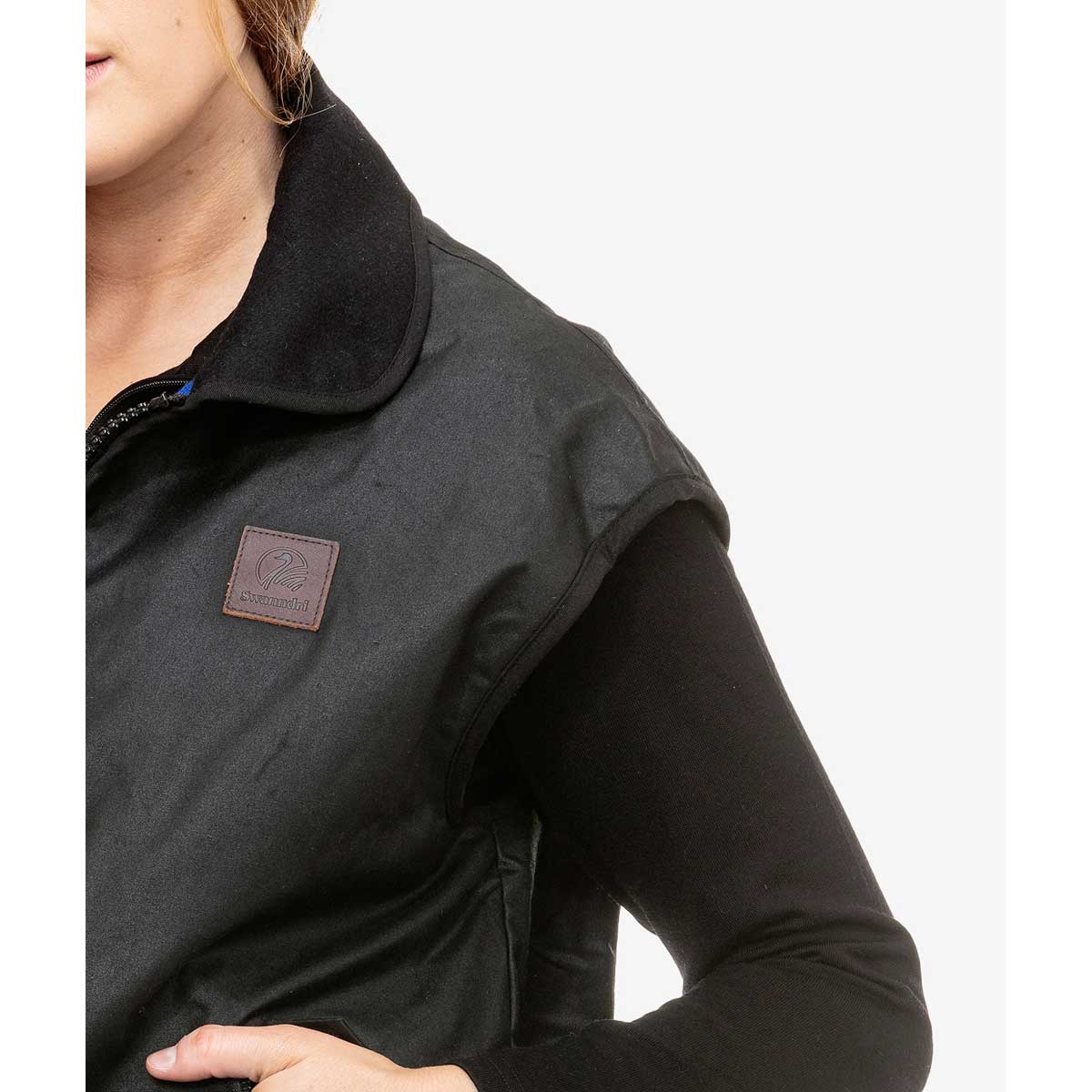 Swanndri Foxton Wool-lined Oilskin Vest Close Up Swanndri Foxton Wool-lined Oilskin Vest Close Up