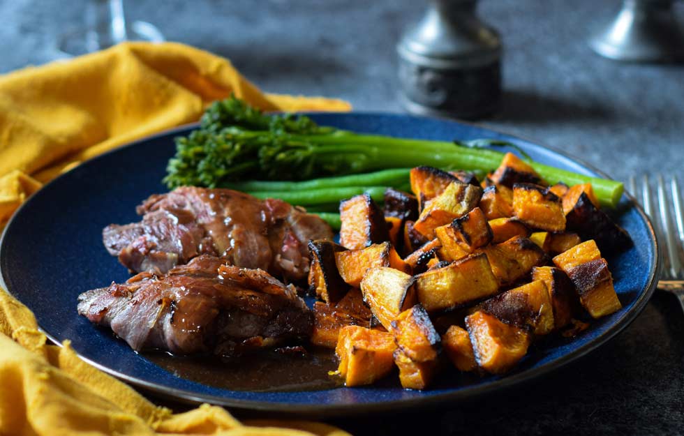 Pan-fried grouse with roasted sweet potatoes, pancetta and sticky sherry-soy sauce