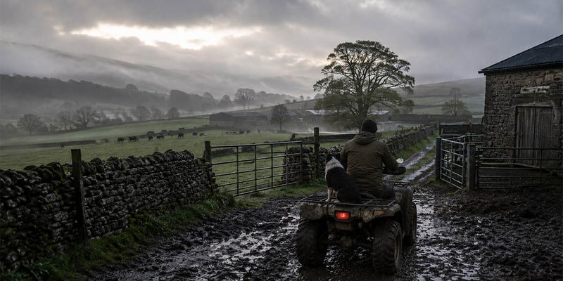 A misty spring morning on a British farm, with muddy fields, dry stone walls, and an overcast sky stretching across open countryside.
