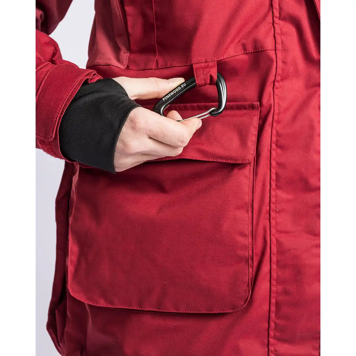 Pinewood Dog Sports Womens Trainer Jacket- Dark Tomato/Dark Red- carabiner 