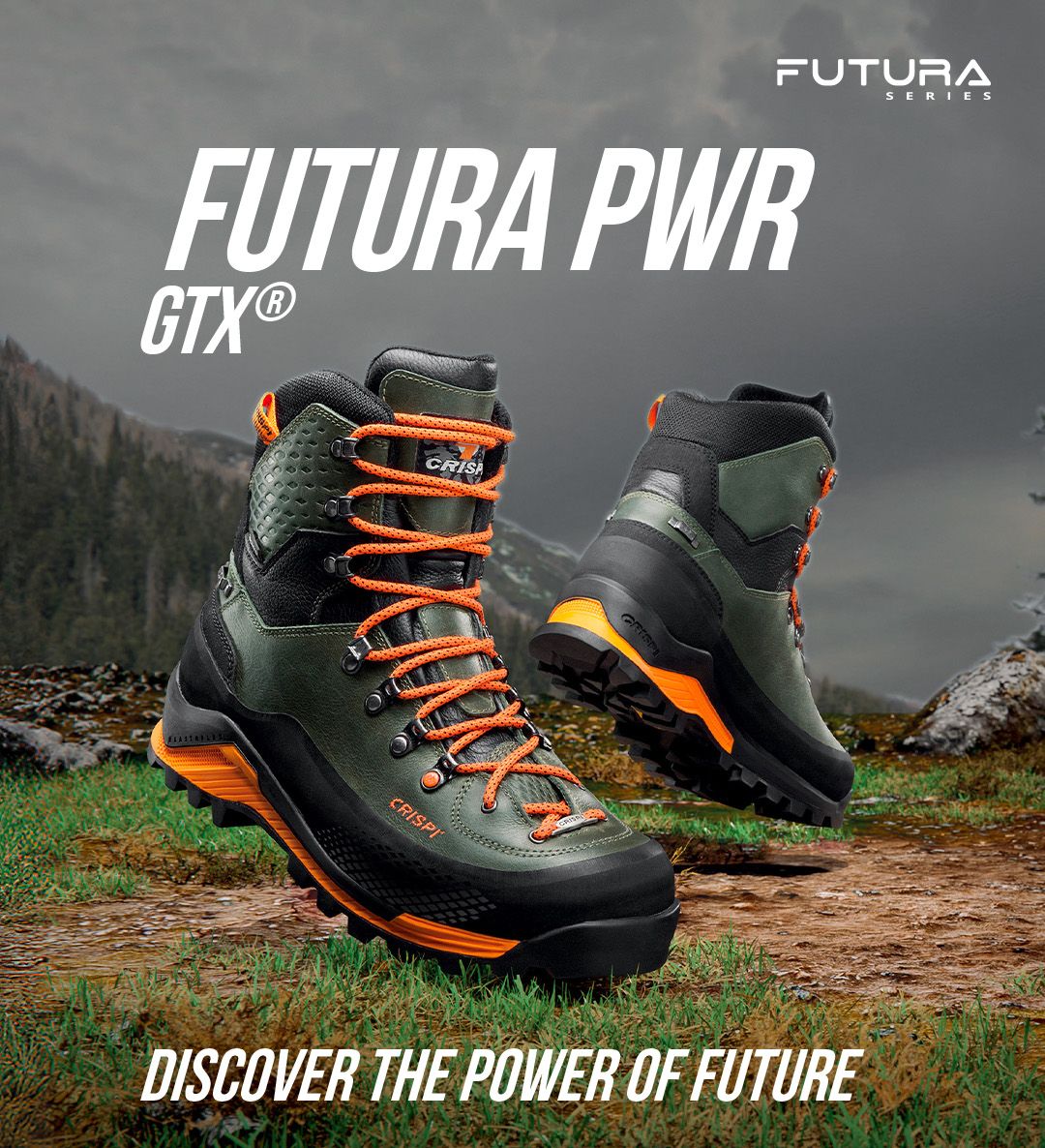 Hiking boots with orange laces on a mountain path, featuring the Futura PWR GTX brand.