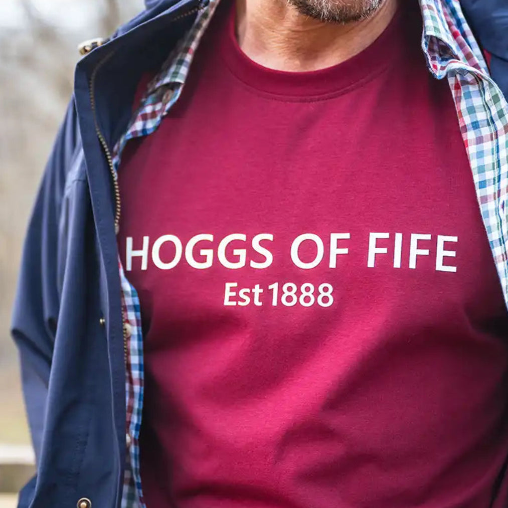 Hoggs of Fife Canonbie Printed T-Shirt - Worn by model with Aberdour Short Sleeve Shirt and Culloden Waterproof Jacket 