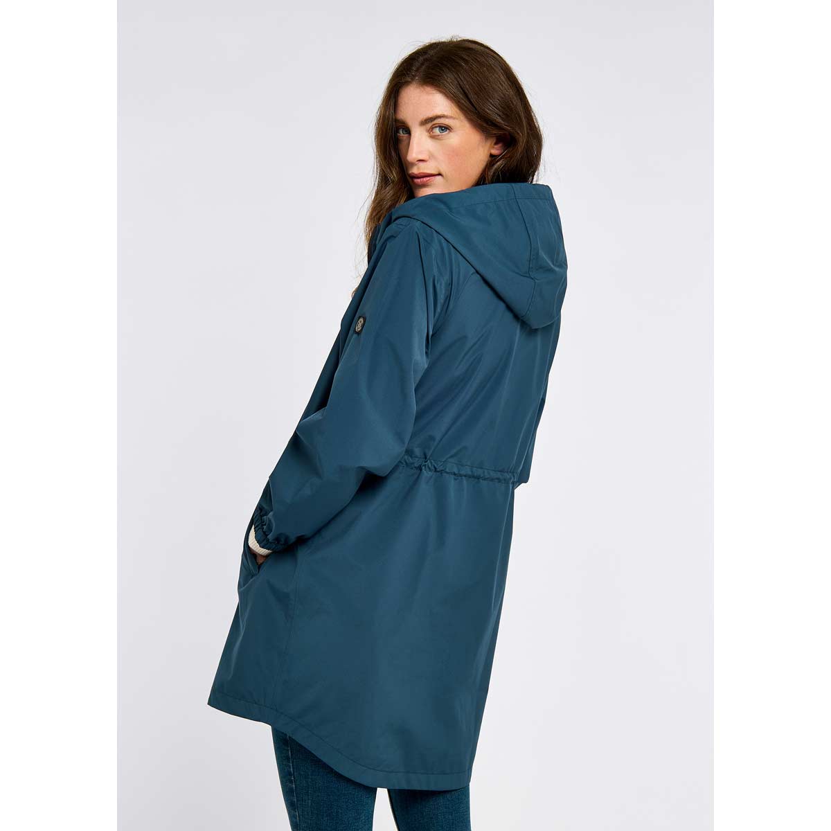 Dubarry Brookside Lightweight Packable Rain Mac - Atlantic - On Model - Rear