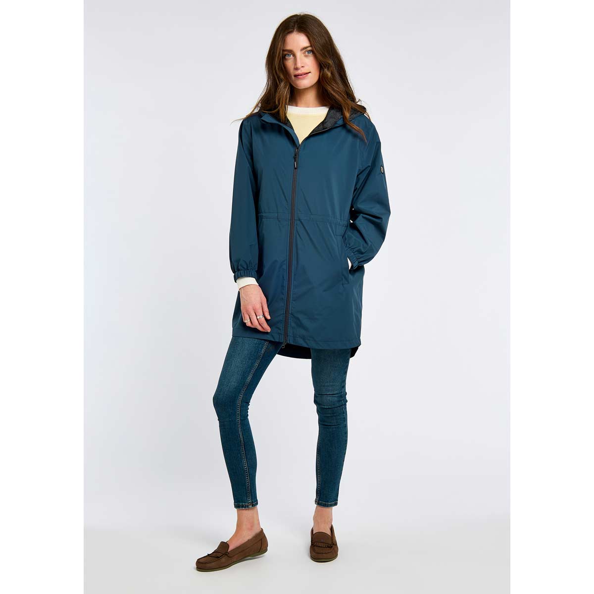 Dubarry Brookside Lightweight Packable Rain Mac - Atlantic - On Model - Rear