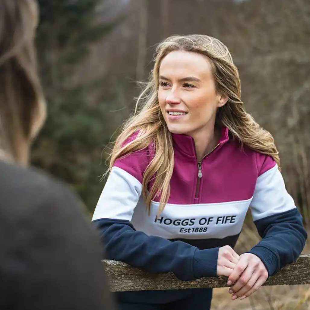 Hoggs of Fife Dumfries 1888 Ladies Quarter Zip Sweatshirt - Berry/White/Navy - On Model - Front 