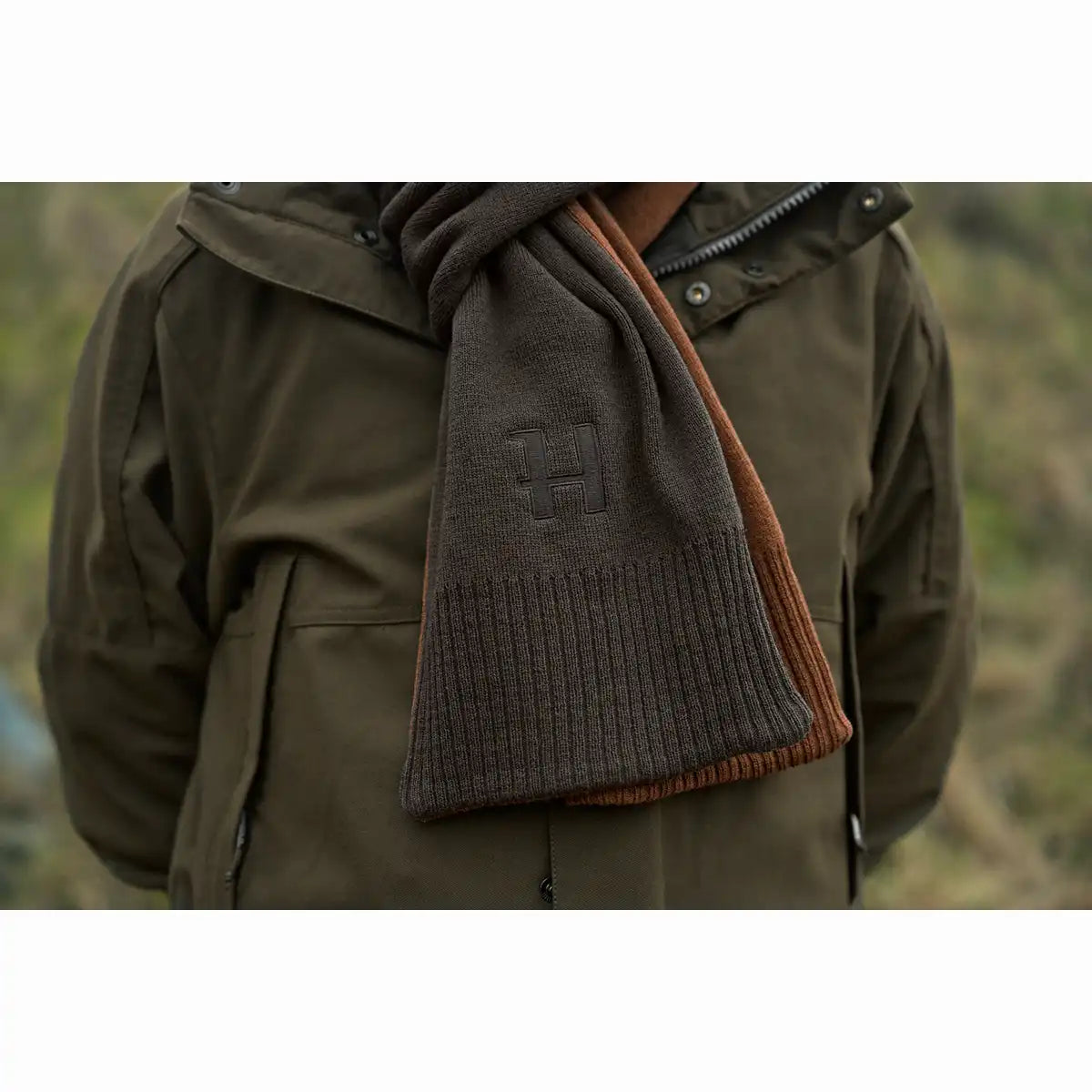 Harkila Reversible Scarf - Shadow Brown/Rustique Clay - Worn By Model