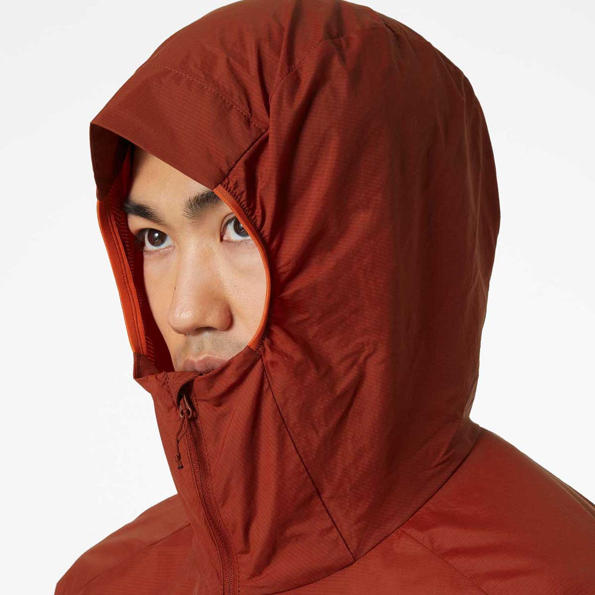 Helly-Hansen-Roam-Jacket---Deep-Canyon-on-model-with-hood-up
