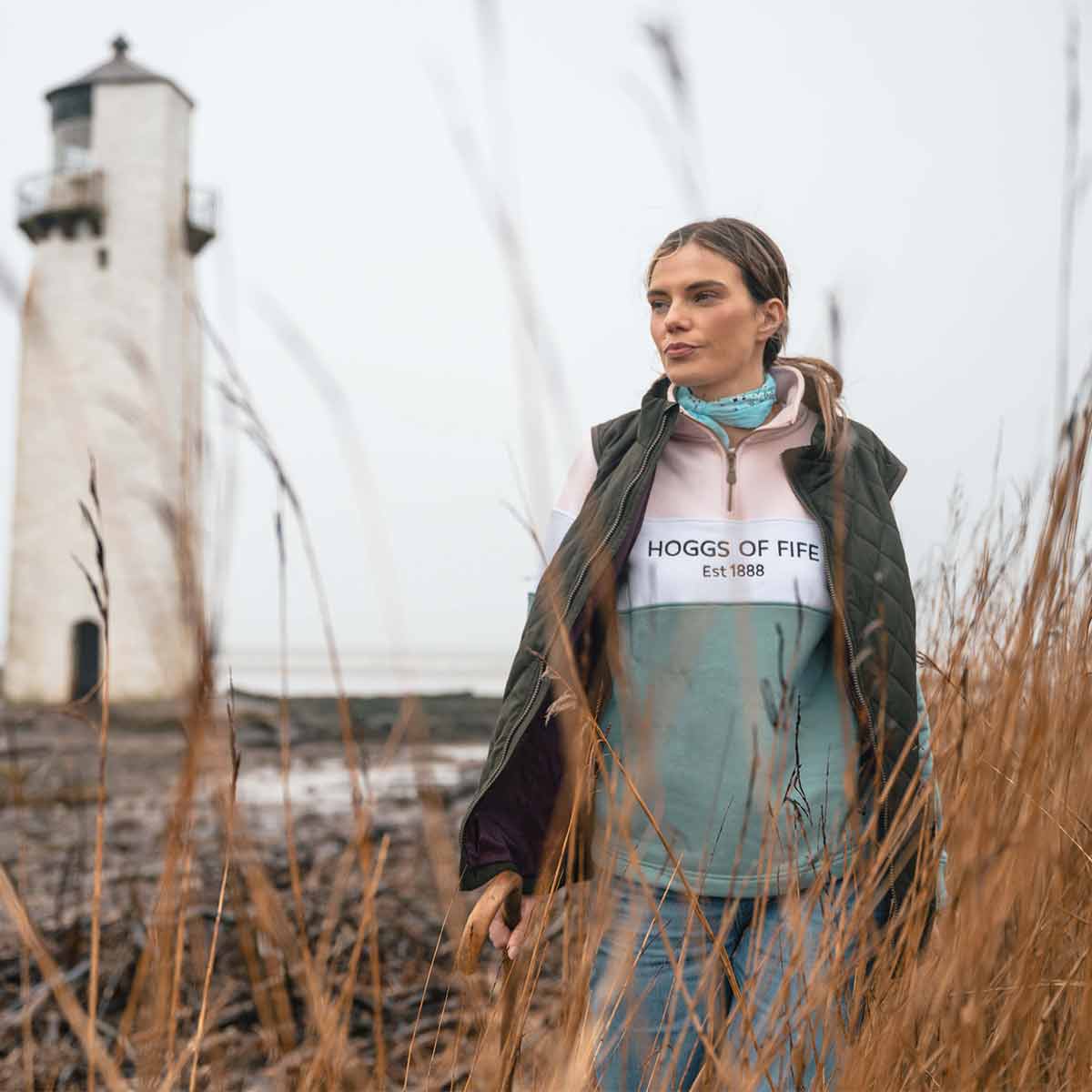 Hoggs of Fife Dumfries 1888 Ladies Quarter Zip Sweatshirt - 
Mineral Blue/Pink - Model