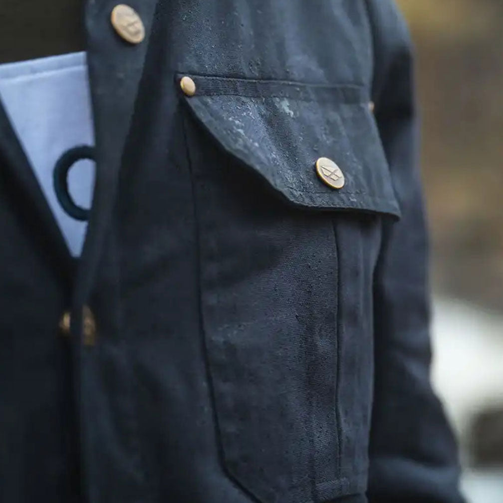 Hoggs of Fife Huntly Waxed Canvas Utility Overshirt - Midnight Navy - Chest Pocket Close Up
