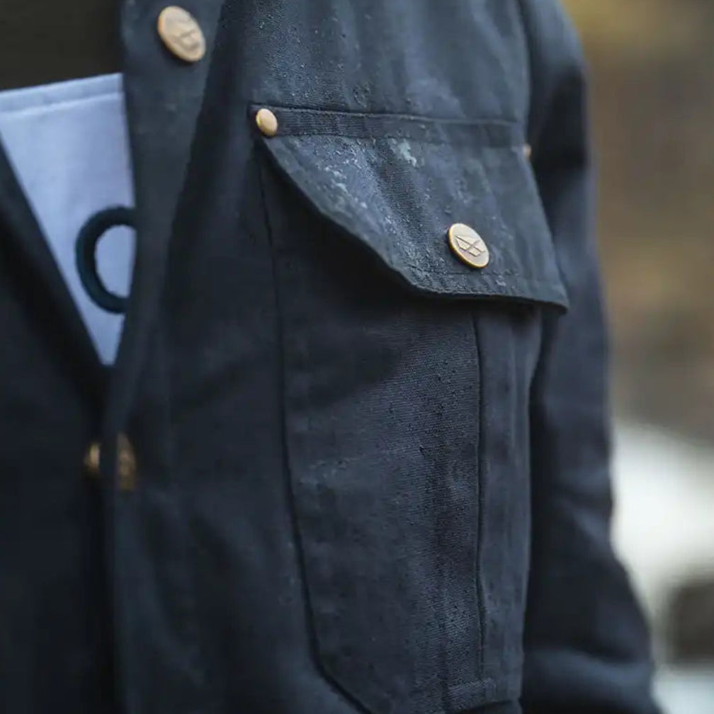 Hoggs of Fife Huntly Waxed Canvas Utility Overshirt - Midnight Navy - Chest Pocket Close Up