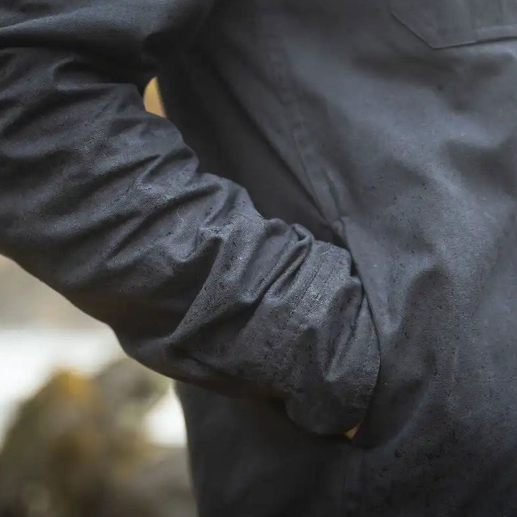 Hoggs of Fife Huntly Waxed Canvas Utility Overshirt - Midnight Navy - Cuff and Pocket Close Up