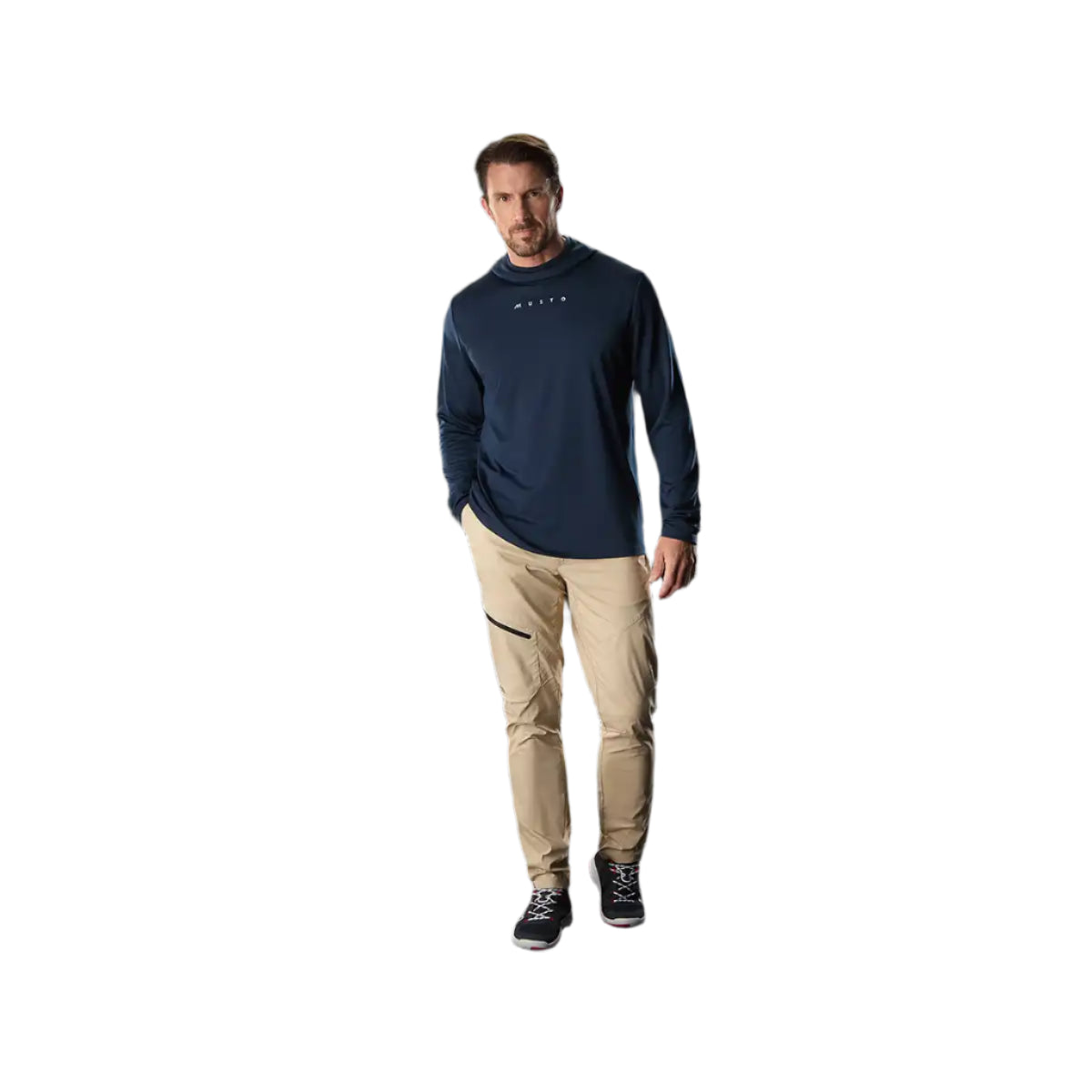 Musto Men’s Evo Crew Sunblock Hoodie Navy- on model