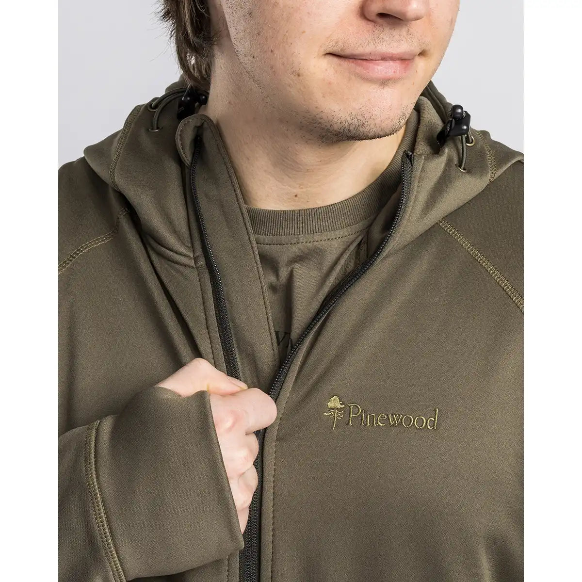 Pinewood Finnveden Hoodie - Olive - Worn By Model - Front Zip Close Up
