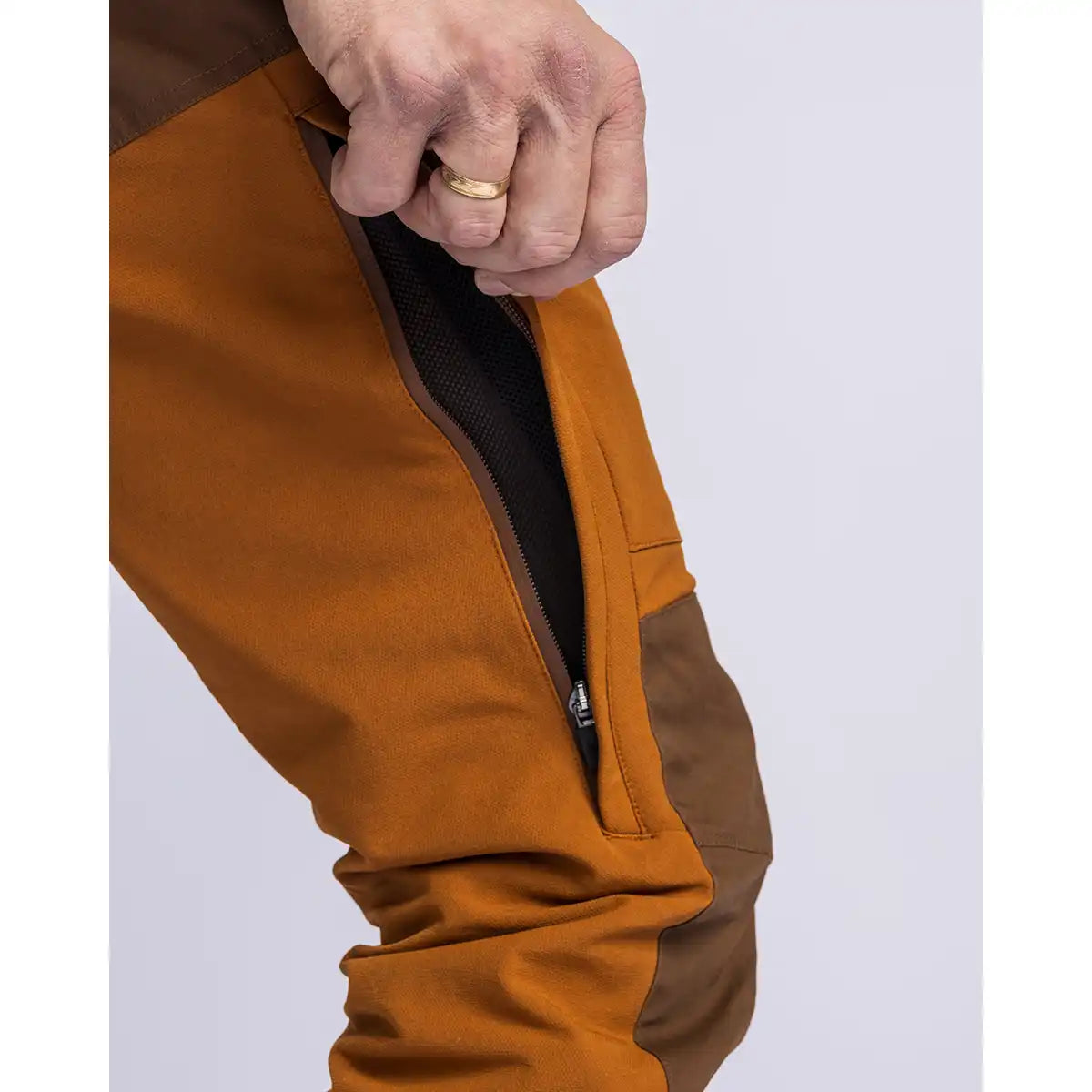 Pinewood Finnveden Hybrid Extreme Trousers - Fudge/Nougat - Worn By Model - Side Vent 