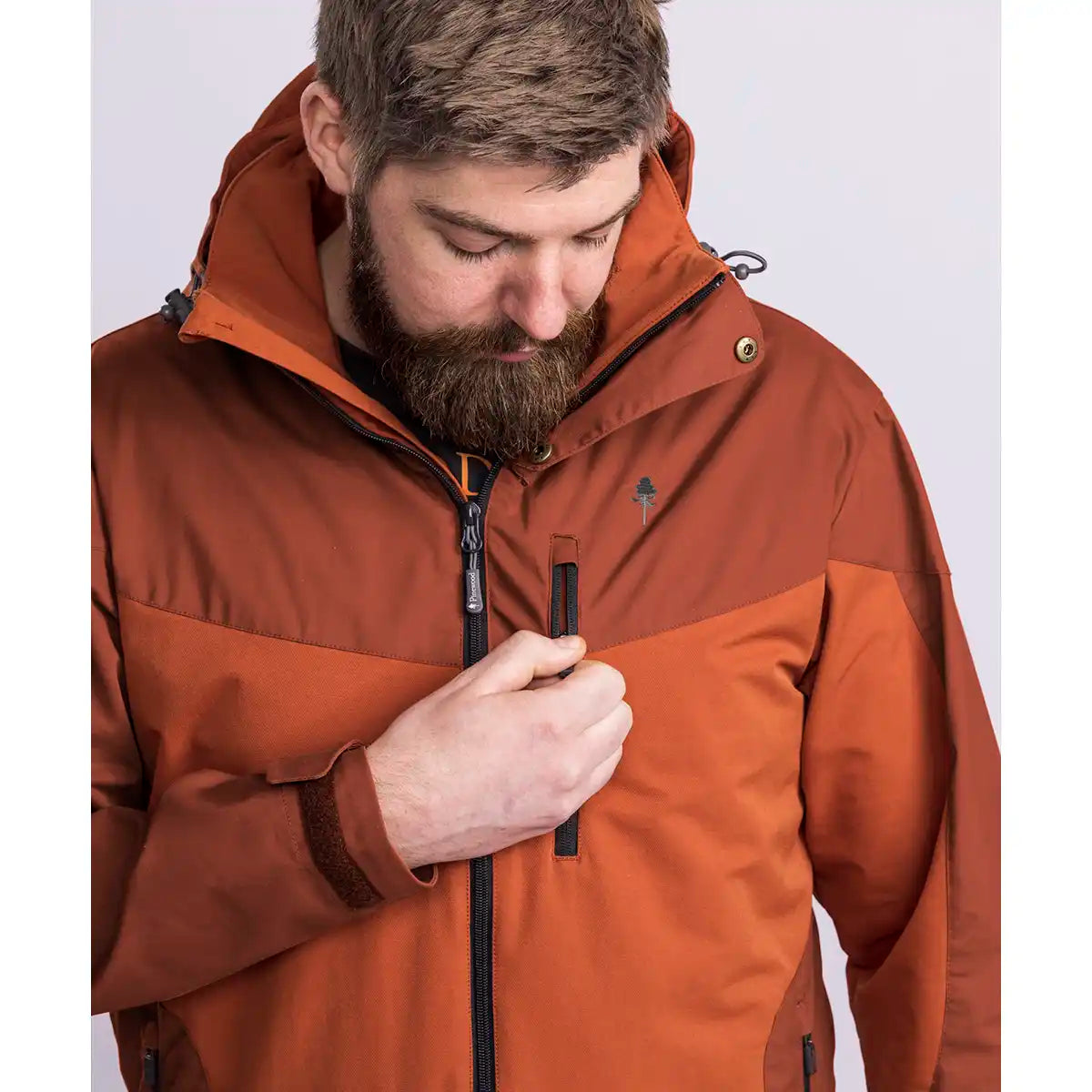 Pinewood Finnveden Hybrid Jacket - Terracotta - Worn By Model - Front Close Up