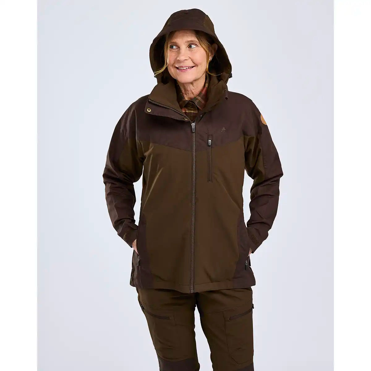 Pinewood Finnveden Hybrid Women's Jacket - Dark Brown - Worn By Model - Front