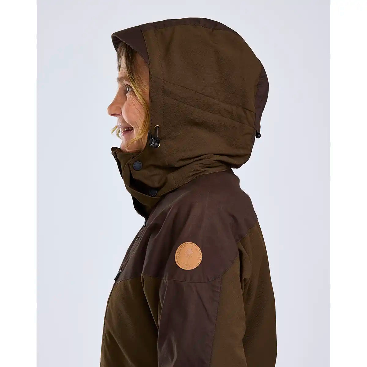 Pinewood Finnveden Hybrid Women's Jacket - Dark Brown - Worn By Model - Hood