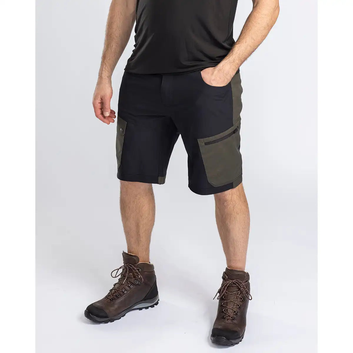 Pinewood Finnveden Trail Hybrid Shorts - Black/Moss Green - Worn By Model - Front