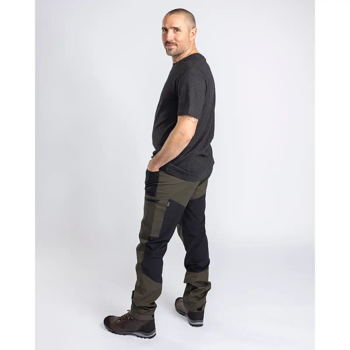 Pinewood Finnveden Trail Hybrid Trousers - Black/Moss Green - Worn By Model - Rear