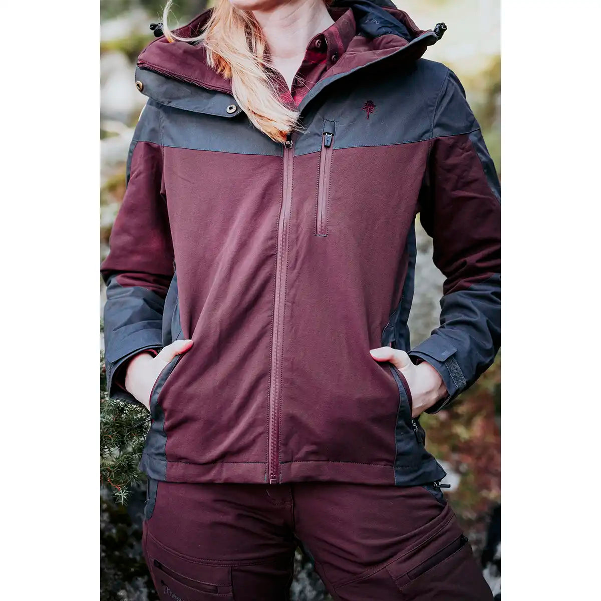 Pinewood Women's Finnveden Hybrid Extreme Jacket - Earth Plum/Dark Anthracite - Front - Worn by Model