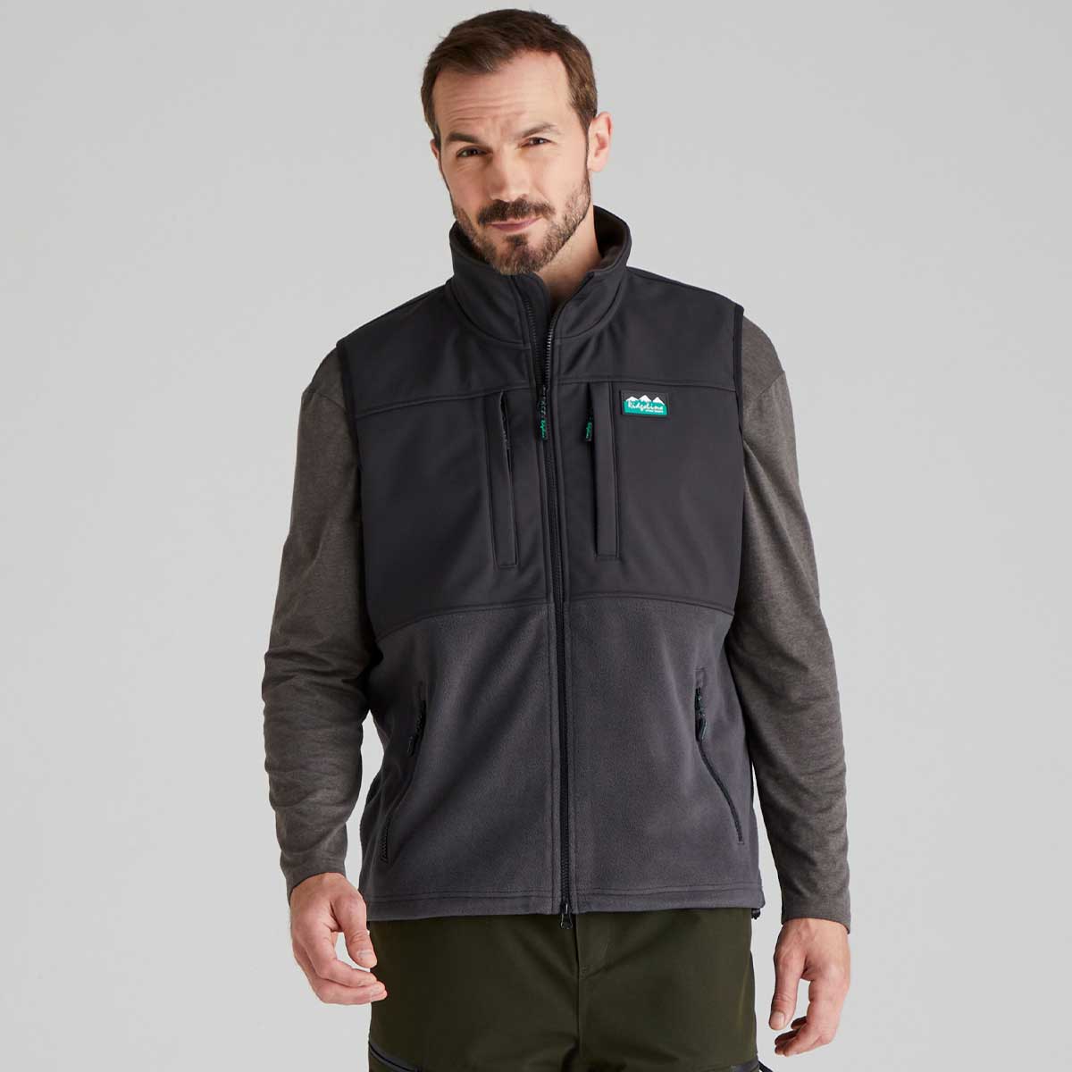 Ridgeline Hybrid Mens Fleece Vest - Shale - On Model