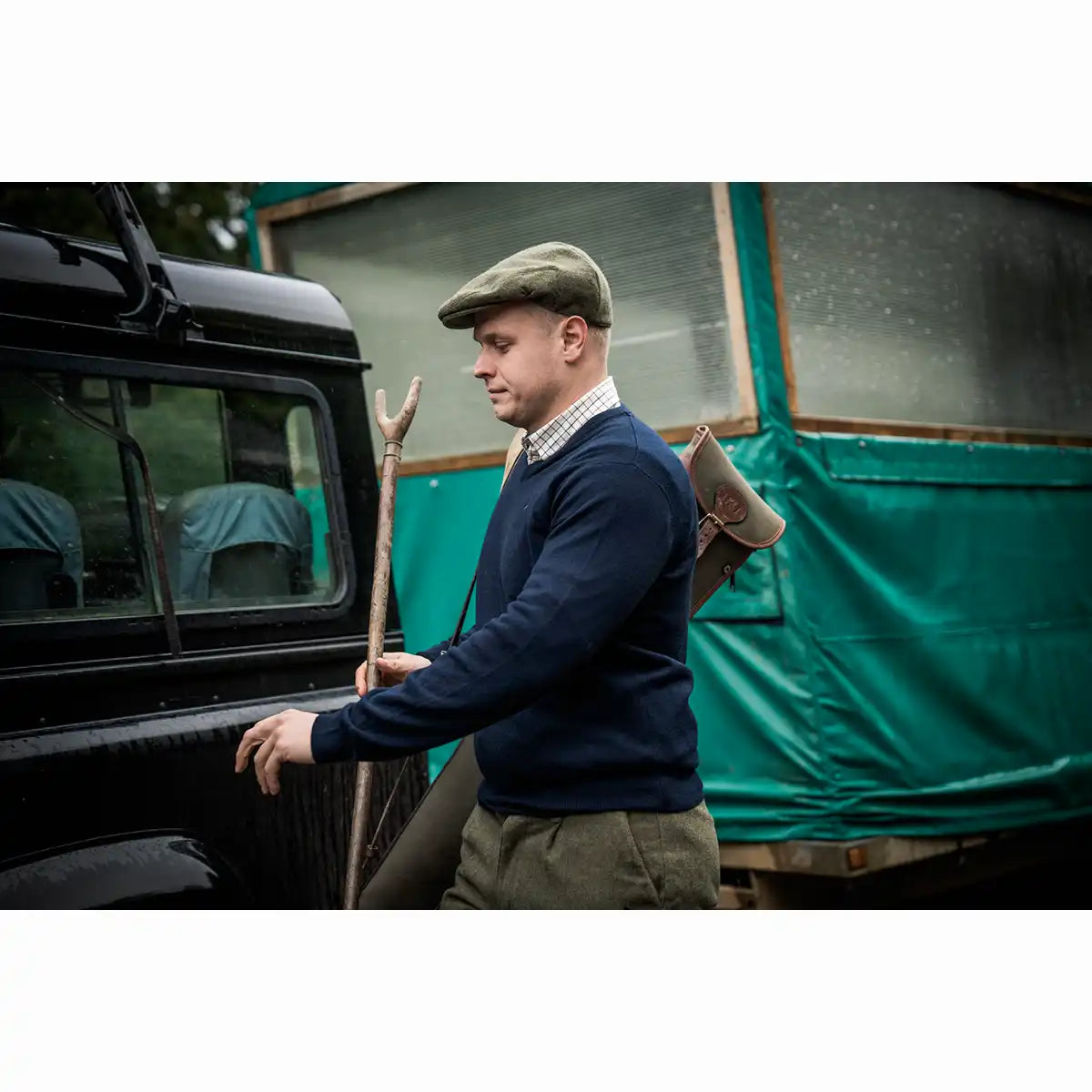 Seeland Pine V-Neck Pullover - Dark Sapphire - Worn By Model - Side