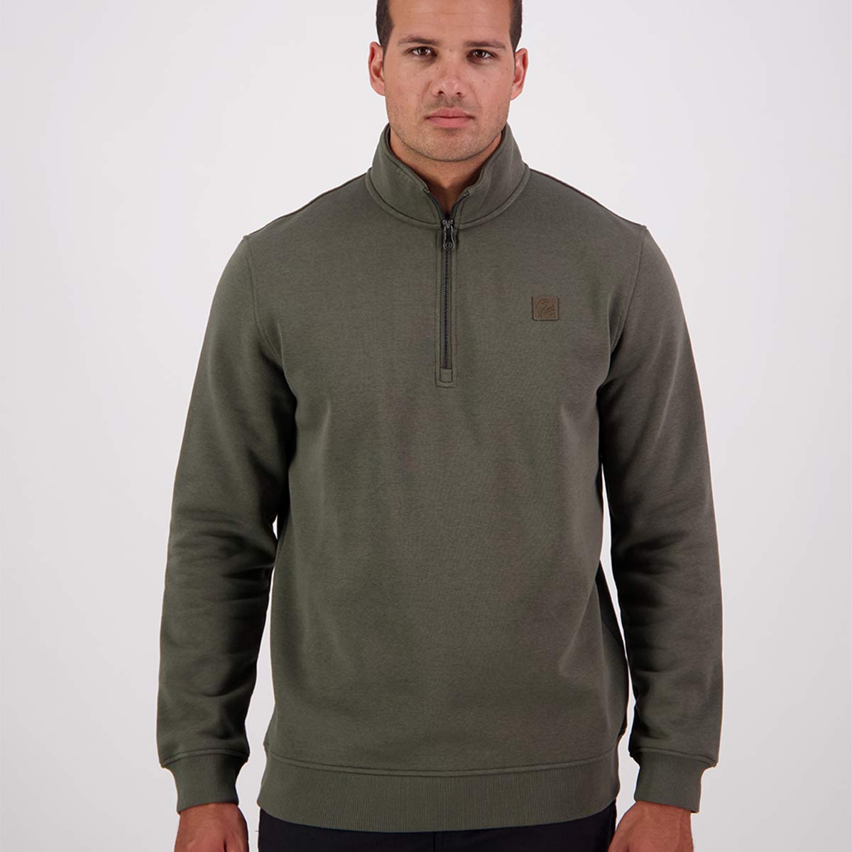 Swanndri Fundamentals Quarter Zip Fleece - Dark Olive - Model