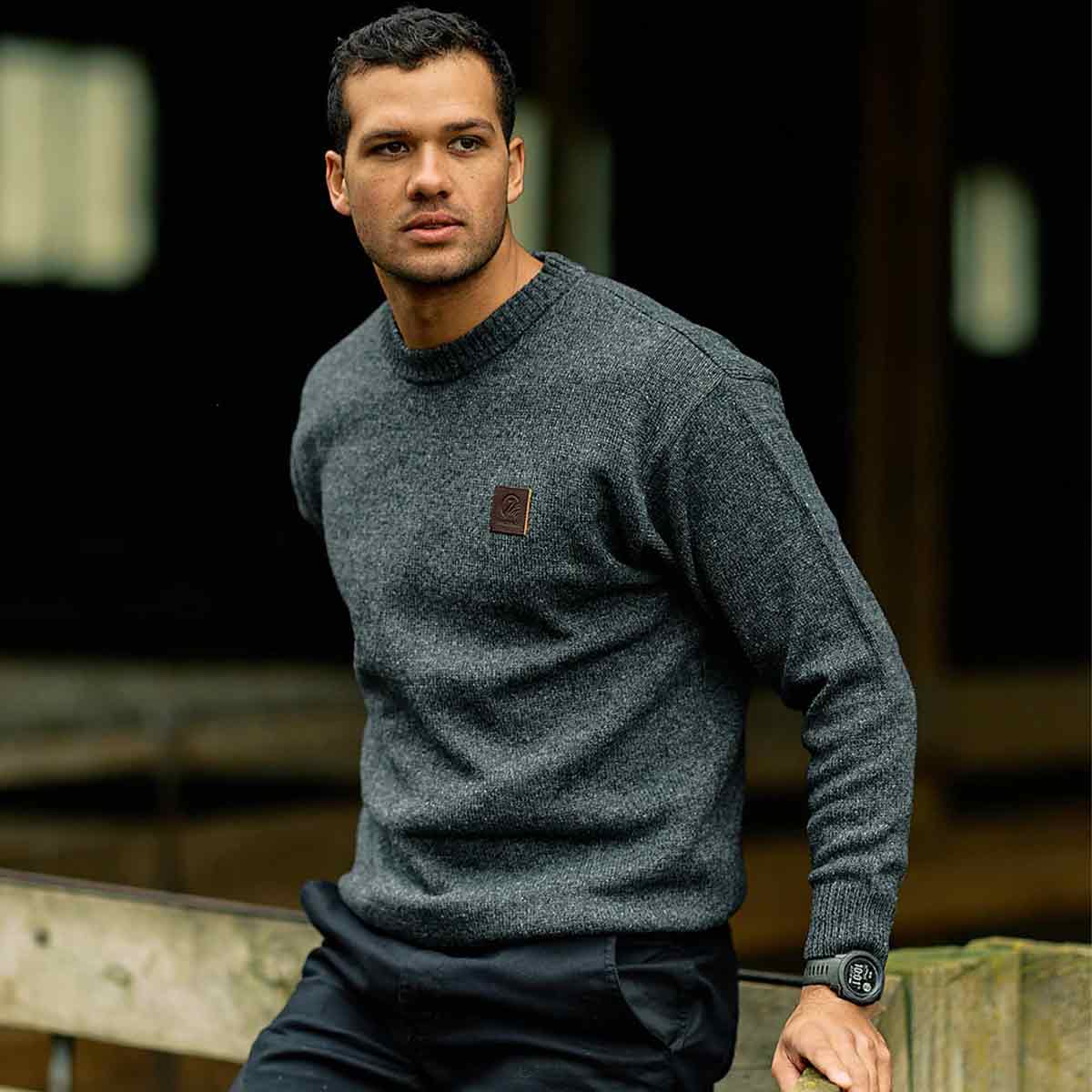 Swanndri Seafarer Crew Neck Sweater - Charcoal Marle - Model