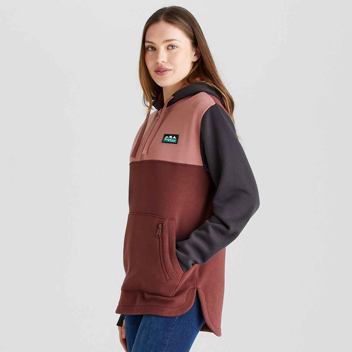 Ridgeline Women's Tribe Hoodie - Oxblood Trcolour - On Model Side