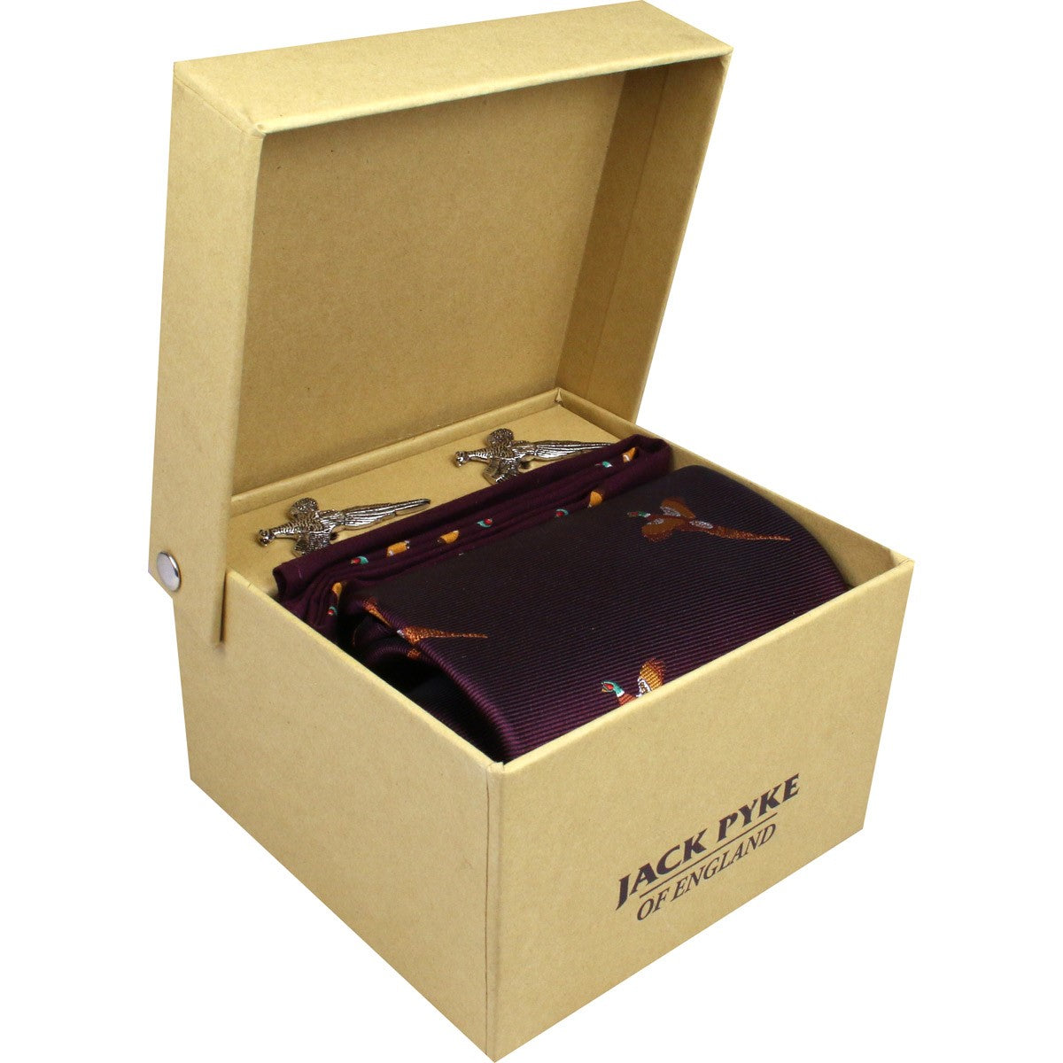 Jack Pyke Cufflinks, Tie & Hanky Gift Set - Wine pheasants in box